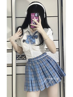 衬衫 学院风泡泡袖 JK制服收腰短袖 女新款 白色衬衣狗短格裙套装 夏季