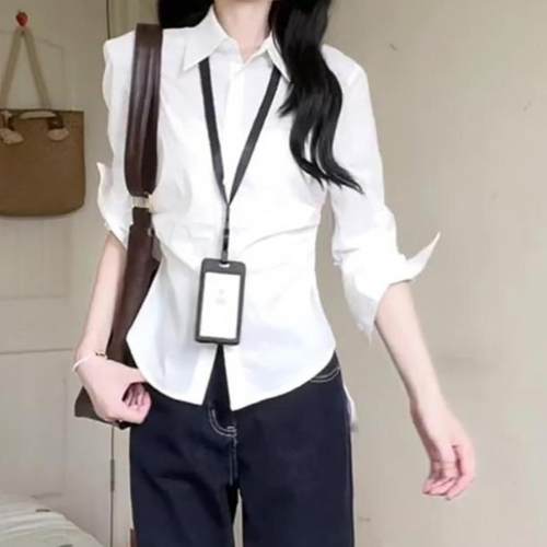辣妹掐腰收腰白色长袖衬衫女法式气质修身衬衣设计感百搭上衣秋季