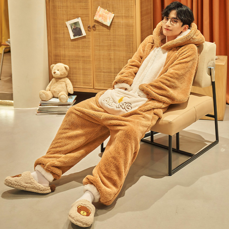 连体珊瑚绒睡衣男士秋冬季款加厚加绒保暖加大码拉链法兰绒家居服