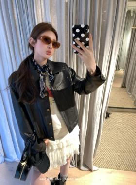 aaaaxbbb 黑皮革手册 黑色皮衣中短款翻领外套高级感铆钉休闲上衣