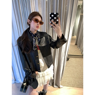 aaaaxbbb 黑皮革手册 黑色皮衣中短款翻领外套高级感铆钉休闲上衣