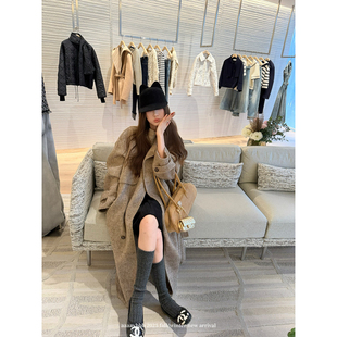 aaaaxbbb 燕麦馥芮白 韩系羊毛双面呢长款大衣双排扣上衣外套秋冬