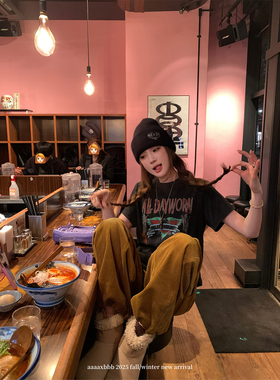 aaaaxbbb 卡普斯卡辛 两色纯棉圆领短袖T恤百搭复古水洗tee内搭女