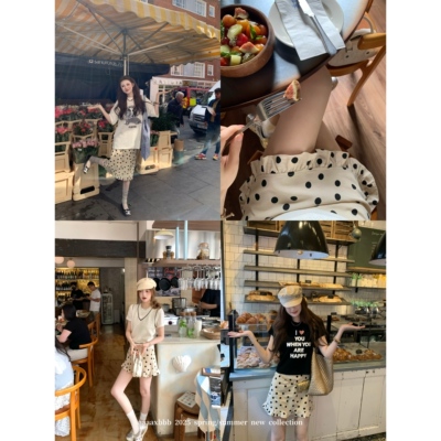 aaaaxbbb棉麻波点休闲半身裙短裙