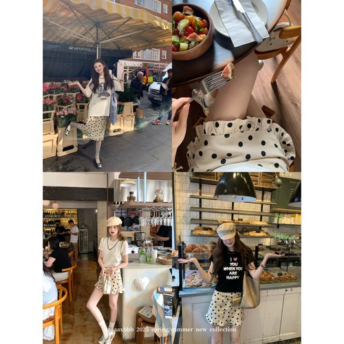 aaaaxbbb棉麻波点休闲半身裙短裙