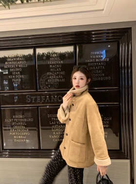 aaaaxbbb 牧羊少女 皮毛一体外套女冬季麂皮加绒立领卡其色大衣女