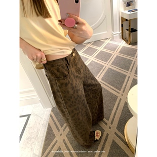 aaaaxbbb 荒野猎人 水洗豹纹牛仔裤女百搭全棉长裤宽松显瘦拖地裤