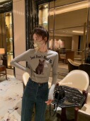 印花t恤女灰色百搭短款 aaaaxbbb 辣妹猫咪总动员弹力长袖 上衣