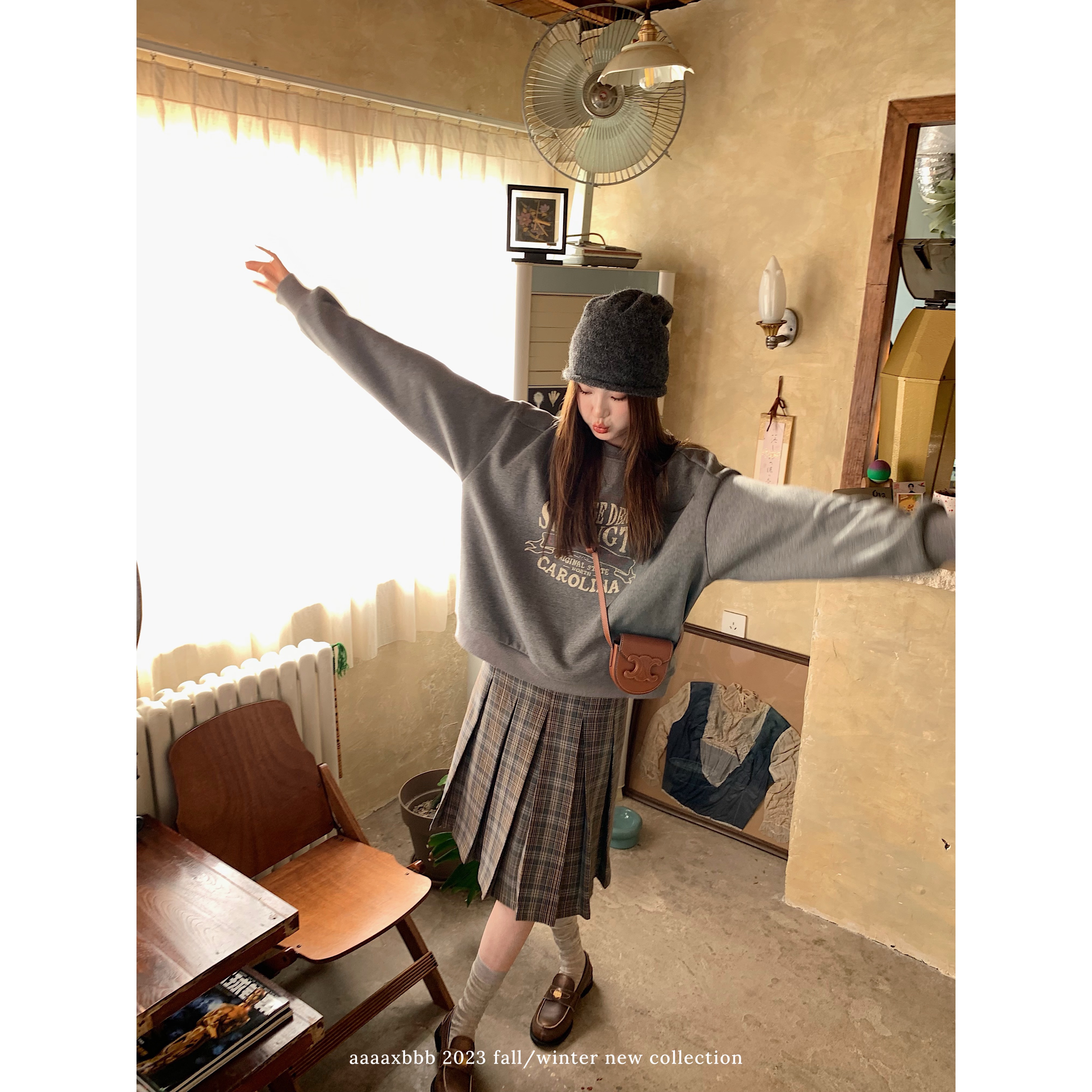 aaaaxbbb格纹百褶裙半身裙短裙女