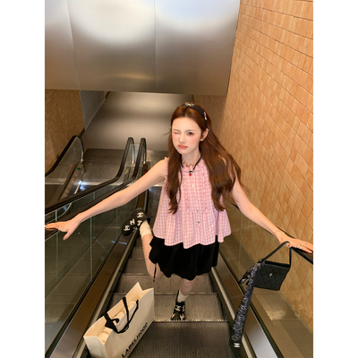 aaaaxbbb格纹无袖上衣圆领背心