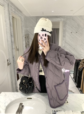 aaaaxbbb 丁香茶色 两色菱格轻薄羽绒服女冬季单排扣宽松休闲外套