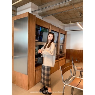 格纹毛呢半身裙手工拉须不对称设计长裙 早安信 aaaaxbbb 莫尔