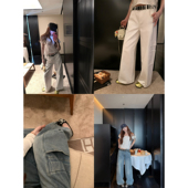 女水洗宽松纯棉长裤 aaaaxbbb 白色大口袋工装 牛仔裤 夏夜永昼 蓝