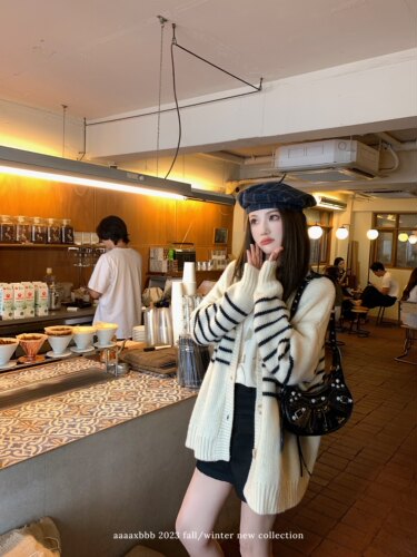 aaaaxbbb针织开衫上衣百搭条纹女