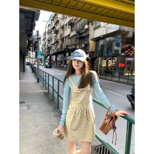 aaaaxbbb 碎花花边背带裙蝴蝶结短裙通勤吊带连衣裙 埃法特岛青藤