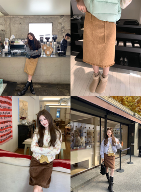 aaaaxbbb 巴恩流域 两色复古褶皱中裙减龄韩系直筒半身裙子女秋冬