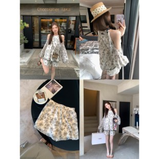 国风挂脖印花吊带短裤 aaaaxbbb 天丝套装 新中式 两件套 山风眷眷