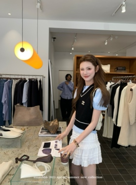 aaaaxbbb 圣托里尼蓝窗 衬衫背心套装蓝色刺绣上衣短袖女针织马甲