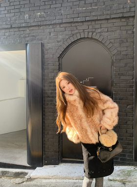 aaaaxbbb 小鹿斑斑 新款环保毛毛外套长袖立领皮毛一体上衣女秋冬