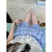 aaaaxbbb 鸢尾公国 定制面料拼接蛋糕裙蓝色短裙半身裙百搭花边