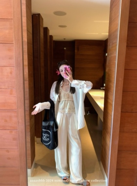 aaaaxbbb 神奈川公园 黑色白色亚麻长裤宽松直筒高腰显瘦休闲裤女