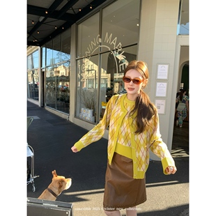 aaaaxbbb 安特卫鲁学院 两色菱格针织套装圆领背心马甲开衫外套女