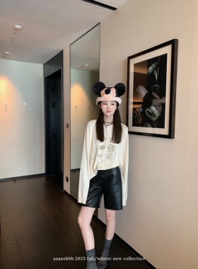 aaaaxbbb 罗恩上校 高级质感显瘦皮质中裤黑色棕色显高百搭裤子女