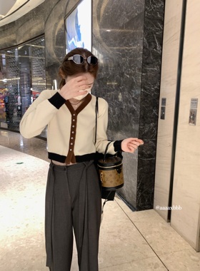 aaaaxbbb Joe的周末沙龙 百搭撞色v领针织衫简约气质短款上衣