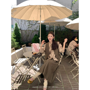 复古西装 飘带天丝衬衫 马甲休闲百褶裙三件套 魁北克棕柏 aaaaxbbb