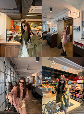 aaaaxbbb 松林木屋 两色定染纯棉衬衫上衣宽松水洗磨砂工装外套女