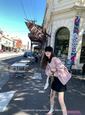 aaaaxbbb 玫瑰茶渍 巴恩风两色拼接领外套女宽松廓形口袋显瘦上衣