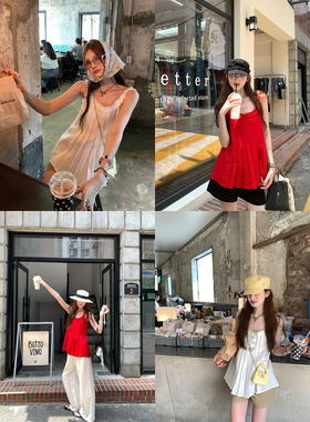 aaaaxbbb 晴午标本 两色重工纯亚麻压褶花边吊带小众气质上衣女夏