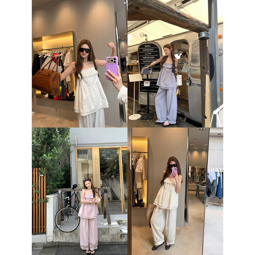 aaaaxbbb紫藤茶歇花边吊带套装