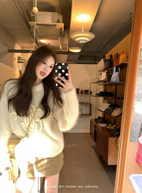 aaaaxbbb 昆汀湿地 小众绳编白色毛衣设计感宽松圆领上衣女款秋冬