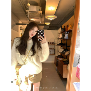 aaaaxbbb 昆汀湿地 小众绳编白色毛衣设计感宽松圆领上衣女款秋冬