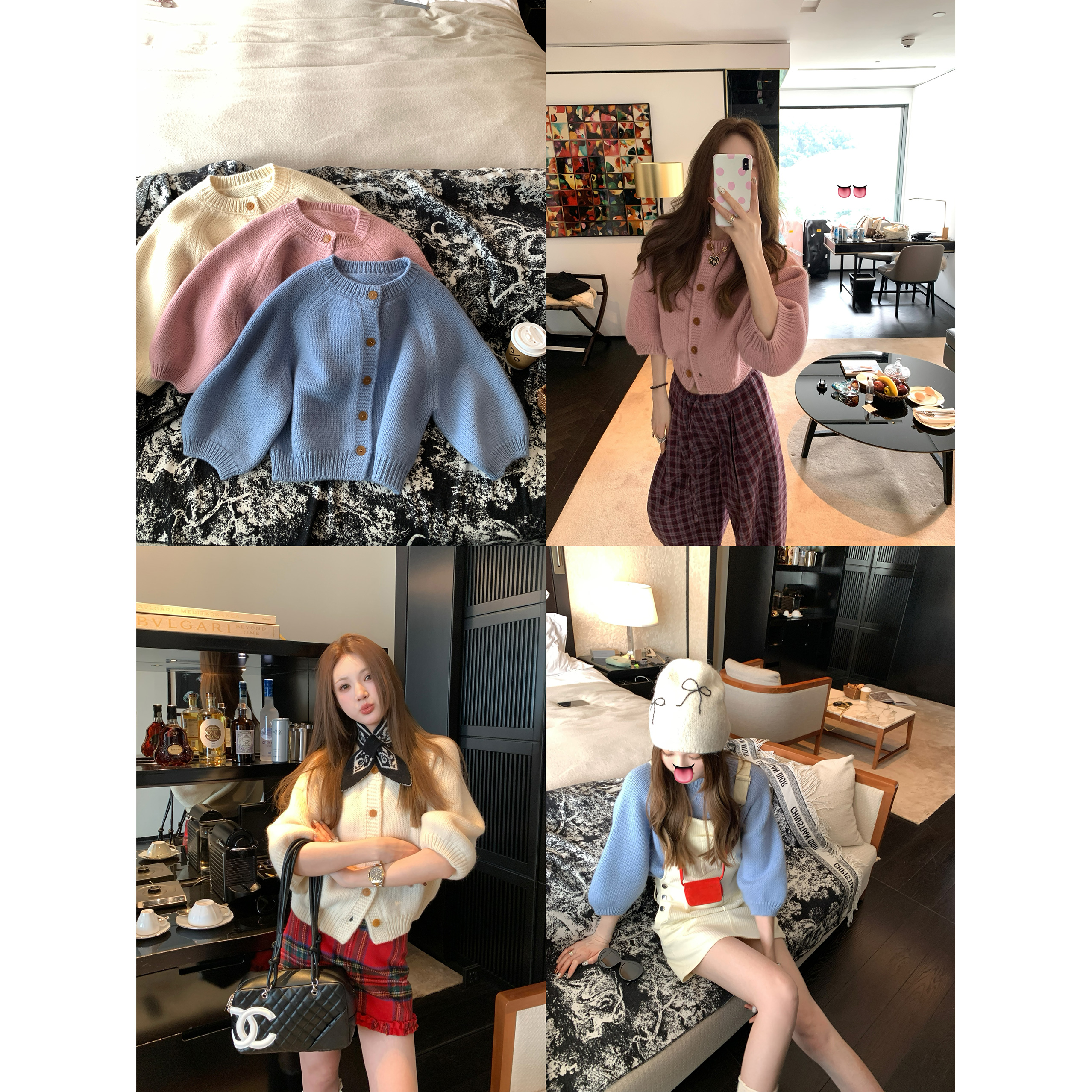 aaaaxbbb 朝日奈 100纯羊毛针织开衫三色圆领宽松内搭韩系上衣女