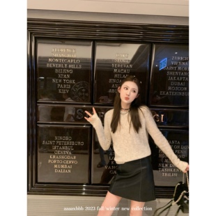 aaaaxbbb 松本城初雪 杏色灰色圆领针织衫女修身显瘦气质打底毛衣