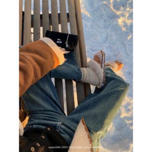 宽松显瘦梨形遮胯保暖百搭长裤 加绒复古牛仔裤 伦敦雾色 aaaaxbbb