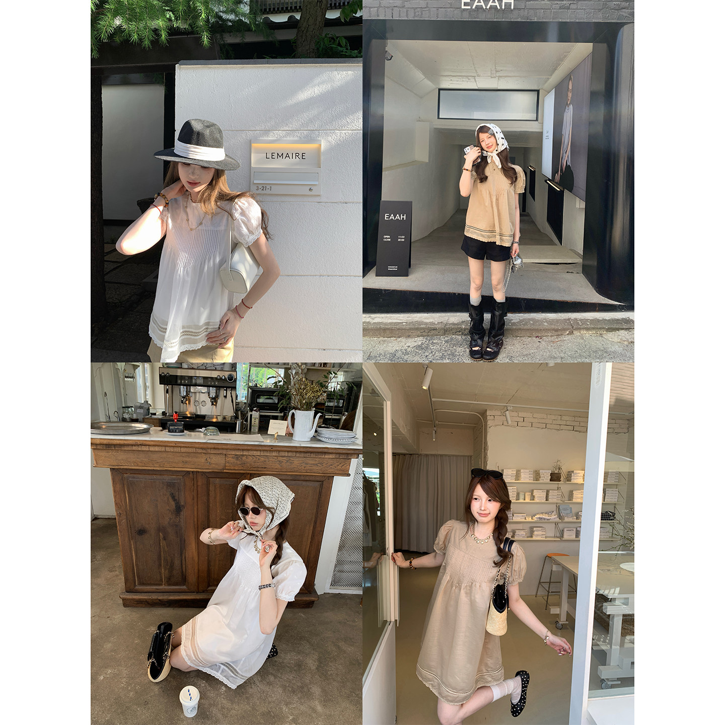 aaaaxbbb 半岛晚风 抓襟拼接套装泡泡袖短袖上衣连衣裙双版本两色