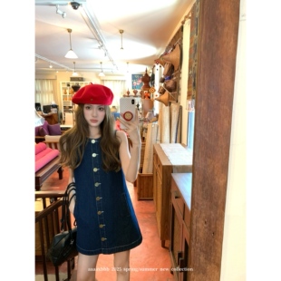 连衣裙女 牛仔背心裙单排扣复古时髦微收腰无袖 aaaaxbbb 南法湖边