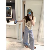 aaaaxbbb 直筒阔腿拖地口袋皮标蓝色白色休闲裤 清冷千金 全棉长裤