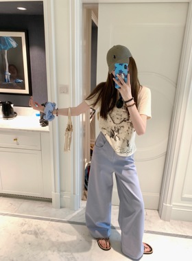 aaaaxbbb 清冷千金 全棉长裤直筒阔腿拖地口袋皮标蓝色白色休闲裤