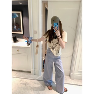 直筒阔腿拖地口袋皮标蓝色白色休闲裤 全棉长裤 清冷千金 aaaaxbbb