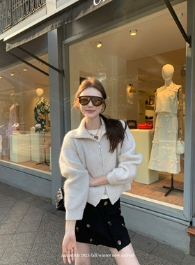 aaaaxbbb 里斯本电车 两色超软羊毛针织开衫小众设计感立领上衣女