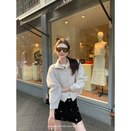 aaaaxbbb 里斯本电车 两色超软羊毛针织开衫小众设计感立领上衣女