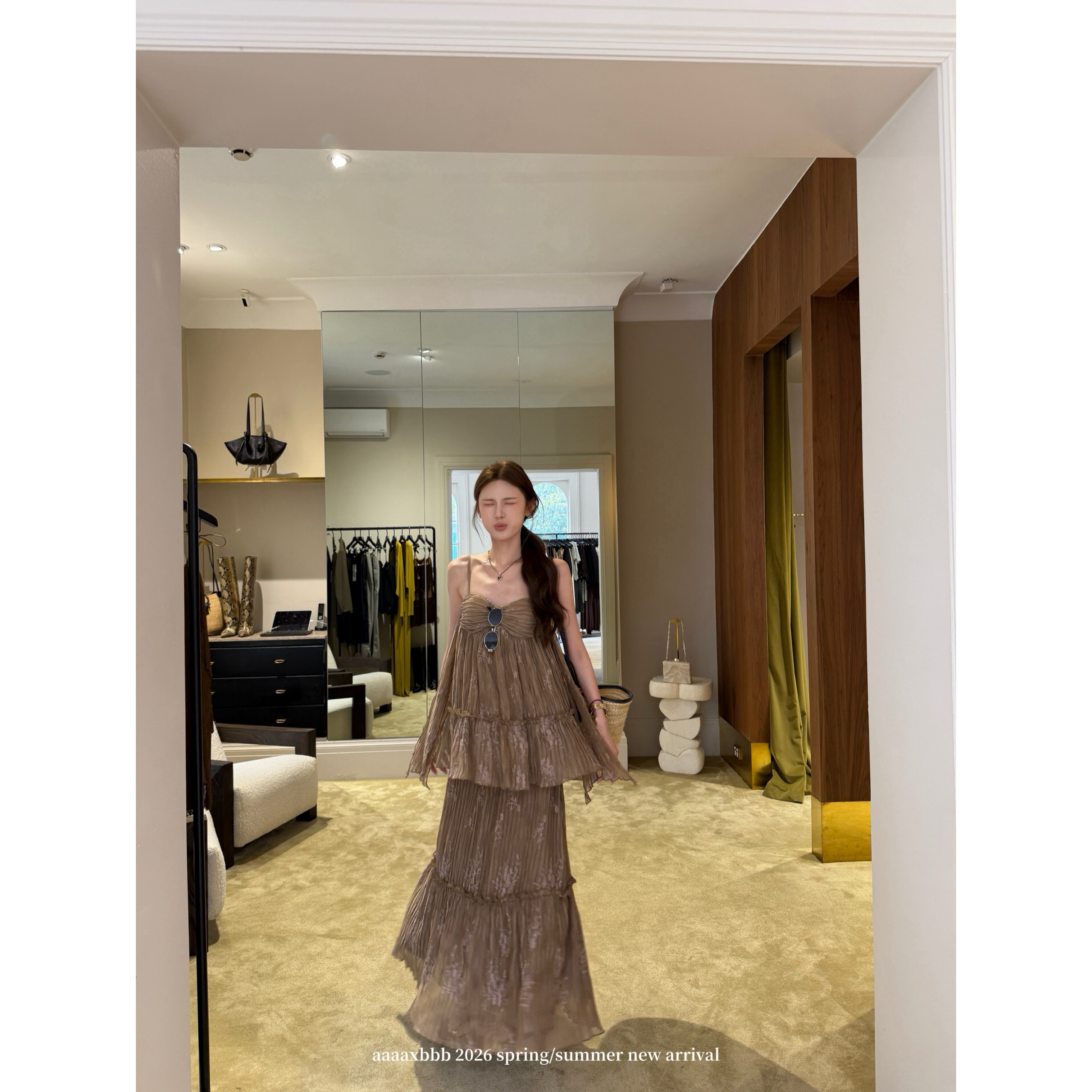 aaaaxbbb 麦岛风帆 氛围感压褶套装花边吊带自带胸垫宽松长裙两色