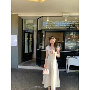 aaaaxbbb 淡颜天菜 白色大U领纯棉连衣裙女打揽松紧短袖收腰长裙