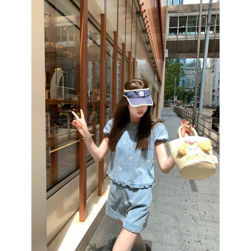 aaaaxbbb碎花短裙短袖套装牛仔夏