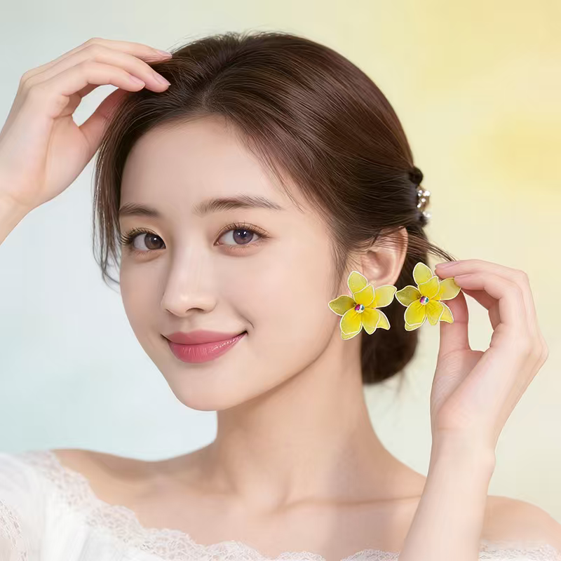 欧美甜美布艺花朵耳钉时尚轻奢高耳环
