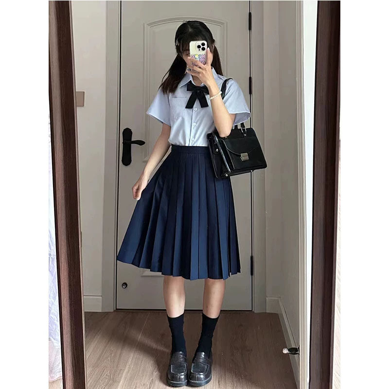 春夏短袖衬衫学生套装jk制服百褶半身裙长裙中长款大码学院风班服